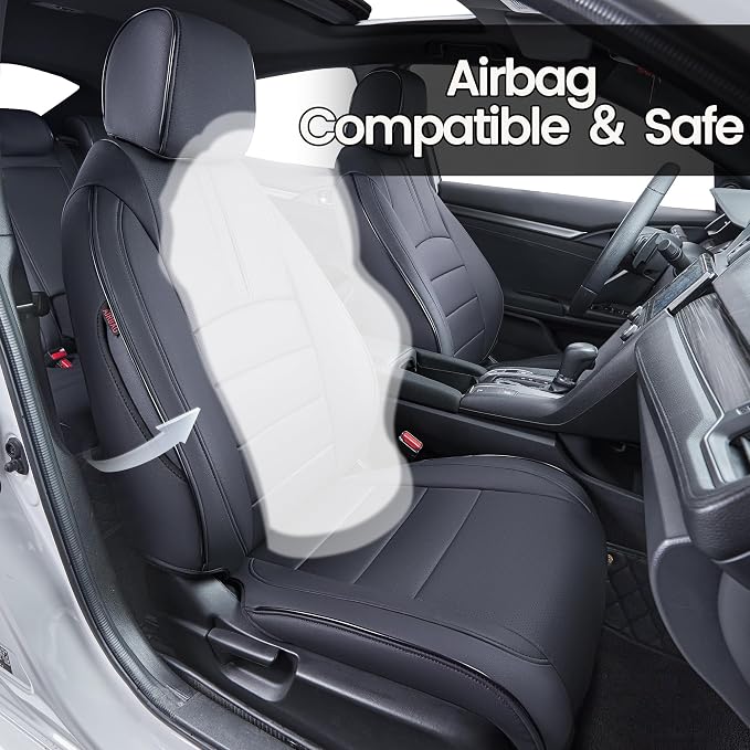 HKZ Custom Fit Civic Seat Covers for Honda Civic Sedan 2016 2017 2018 2019 2020 2021 EX,EX-L,EX-T,Touring,LX-P,Sport - 5-Seats Leather Full Set,Black - Image 7