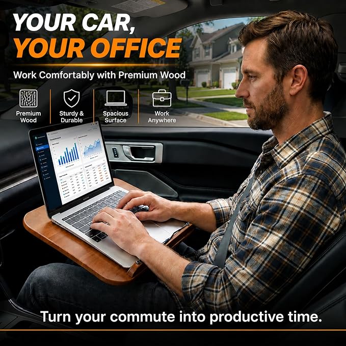 Adjustable Car Desk for RV with Solid Wood Tabletop, Tilt & 360° Swivel Mobile Office Workstation, Height Adjustable Camper Desk for Motorhome, SUV, Home Office, Reading and Travel - Image 2