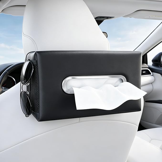 Large Car Tissue Holder PU Leather Organizer with 2 Mesh Pockets | Rectangle Tissue Box Cover for Headrest, Backseat & Armrest, Smooth-Pull Metal Opening Fits 120-160 Count Napkins by Unknown