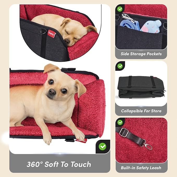 BurgeonNest Center Console Dog Car Seat for Small Pets to 11lbs, Red | Anti-collapse armrest Console seat with washable fluffy cushion, pillow & tether for stable, cozy pet travel trips. - Image 5