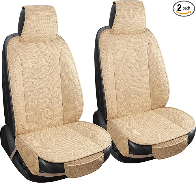 Linen Front Car Seat Covers Cloth Fabric Automotive Seat Protectors | Breathable Durable Anti-Slip All-Season Comfort Easy to Install Universal Fit for 95% of Cars Trucks SUVs Vans (Beige, 2PCS) by Unknown