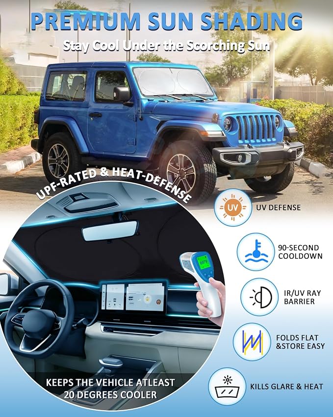 Windshield Sun Shade for 1997-2015 2016 2017 2018 Jeep Wrangler TJ JK JKU | Window Sun Visor Protector Foldable Blocks UV Rays Keep Your Car Cool Car Accessories - Image 2