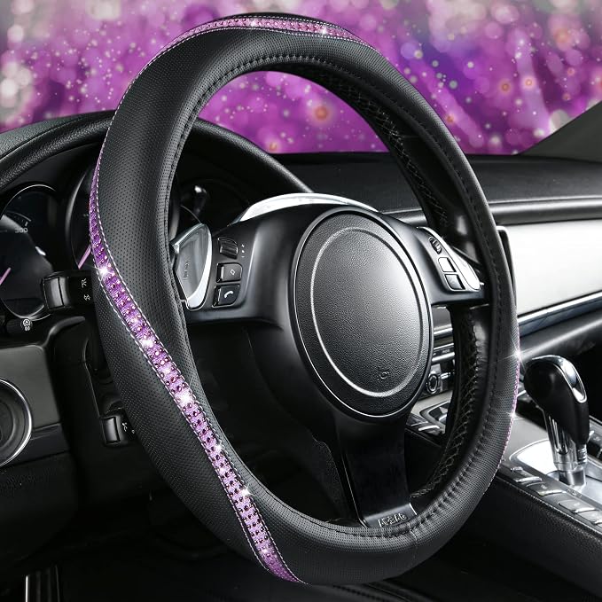 CAR PASS Bling Diamond Black Leather Steering Wheel Cover, Studded Crystal Rhinestones Universal Fit 14" 1/2-15" Glitter for Women Sparkle Girl Fit Suvs,Vans,Sedans,Car,Trucks, Purple Diamond - Image 3