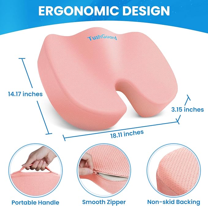 Seat Cushion for Office Chair, Memory Foam Chair Cushion, Pink | Office Chair Cushion for Car, Airplane - Chair Pad for Long Sitting Sciatica, Hip, Coccyx,Tailbone Pain Relief, Butt Pillow - Image 2