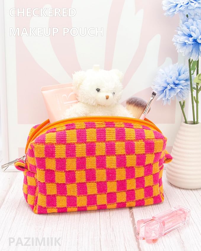 Checkered Makeup Bag for Purse, Small Cosmetic Pouch,Red Orange,6 Pack | Cute Zipper Makeup Organizer for Women, Travel Essentials, Toiletries, Makeup Brushes, Beauty Accessories&Bridesmaid Gifts - Image 2