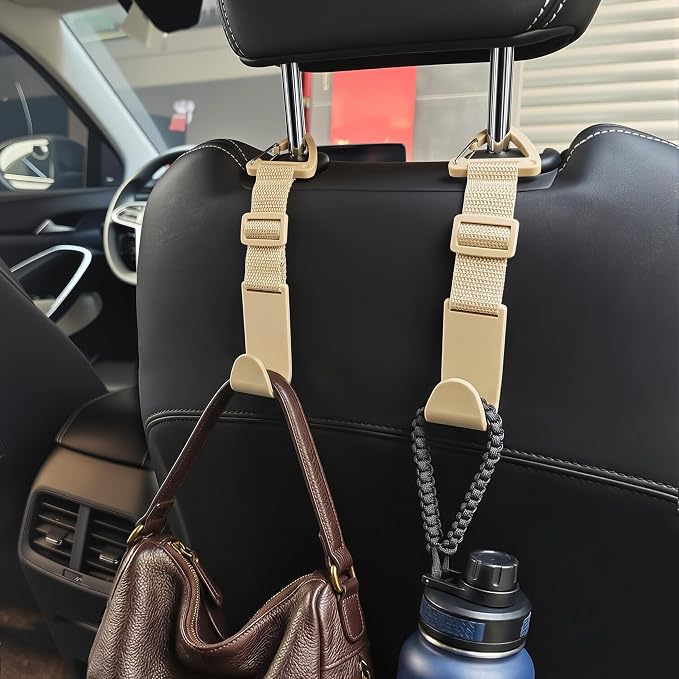 Amooca 4 Pack Anti-drop Headrest Hooks Adjustable Car Seat Organizer | Universal Fit with Clip, Hanger for Backpack Umbrella Water Bottle Coat Purses Handbags Groceries, 40lb Heavy Duty, Beige - Image 2