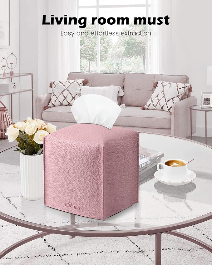 Tissue Box Cover for PU Leather, Modern Simple Solid Color Holder Square Tissue Bag, Ideal for Bathrooms,Office,Car,Nightstand,Outdoor Tent,Dining Table,5"X5"X5", Single Pink - Image 3