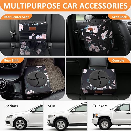 Vankor Car Trash Can with Lid Leak Proof Car Accessories for Women | 2.2 Gallon Cute Hanging Car Trash Bin for Men Car Truck Vehicle Sedan Interior Automotive Garbage Cans, Black Floral - Image 5