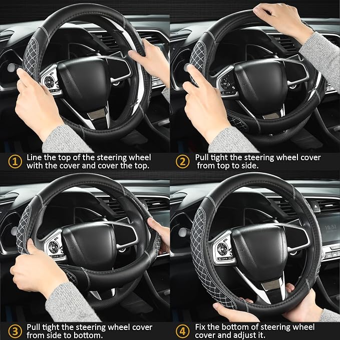 West Llama Customized Auto Car Steering Wheel Cover for Toyota Tacoma,4Runner,Tundra,Sequoia,15.5-16 inch(Diamond Quilted-Black+Gray-Large Size) - Image 6