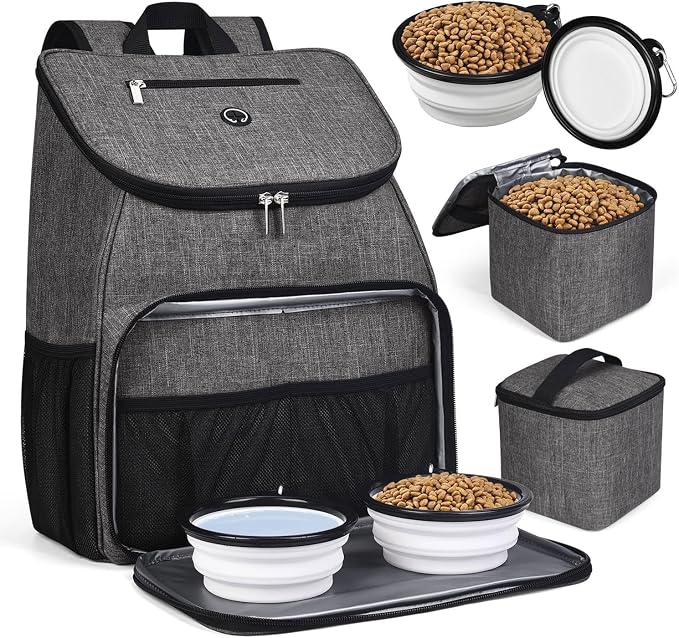 BAGLHER丨Dog Travel Bag, Airline Approved Pet Supplies Backpack, Dog Travel Backpack Accessories Set with 2 Silicone Collapsible Bowls and 2 Food Baskets, Gray by BAGLHER