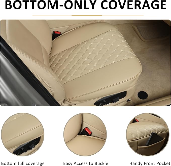 Black Panther 1 Pair of PU Car Seat Covers, Full Wrapping Front Bottom Seat Protector Compatible with 95% Vehicles, Anti-Slip (W 21.26''×D 20.86”), Beige - Image 3