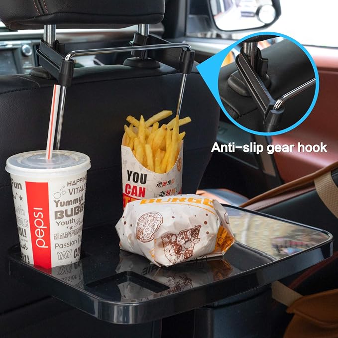 Foldable Car Seat Back Portable Tray for Food Dining Drink and Laptop, Hanging Car Steering Wheel Tray (Black) - Image 2
