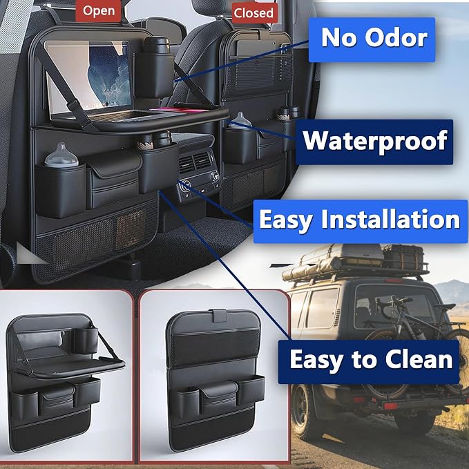 2-Pack Backseat Car Organizers with Tray, Black | Premium Car Seat Back Kick Mats, Backseat Protector Hanging Storage, Foldable Tray, 9 Deep Pockets, 21"x17"; Universal Fit - Image 7
