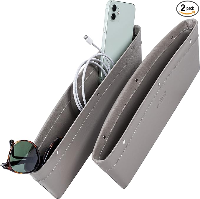 Lusso Gear Car Seat Gap Organizer - Pack of 2 - Prevents Items Falling & Seat Gap Filler - Universal Fit 0.5"-2" Slots & Automotive Use - Easy Clean Design for Auto Accessories - Gray Faux Leather by LussoGear