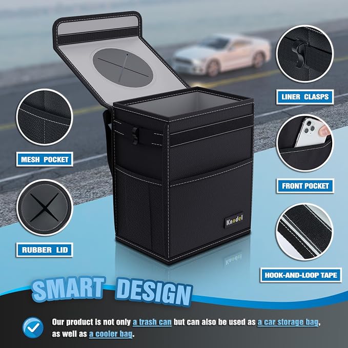 K KNODEL 2 Gallon Black Leak-Proof Waterproof Car Trash Can with Lid | Waterproof Car Garbage Can with Liner, Hanging Trash Bag for Car, Suv, Van, Truck - Image 3