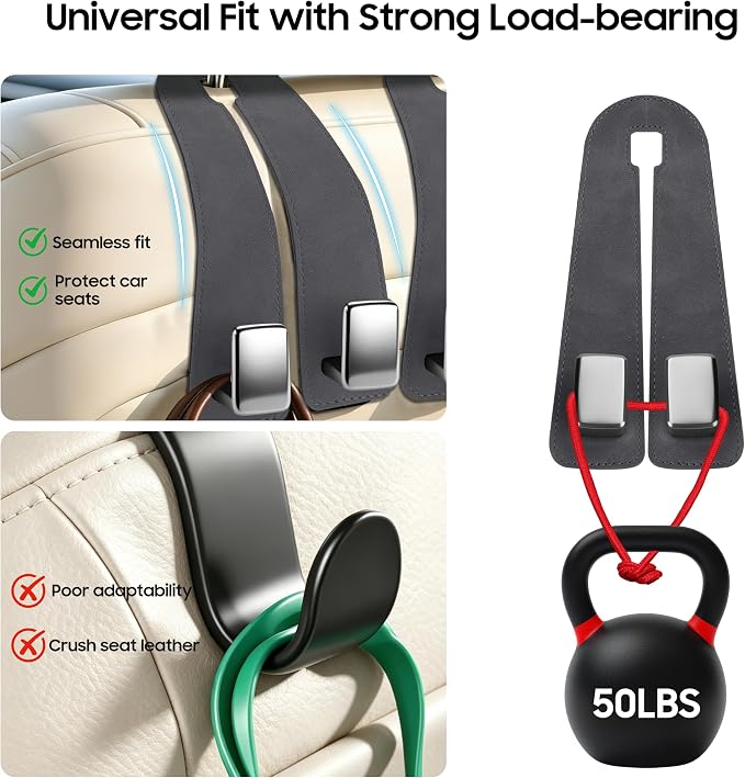 Amooca Car Headrest Hooks 2-Pack Suede Seat Organizer with Metal Core | Universal Fit, Double-hook Design, Backseat Storage for Backpack Umbrella Water Bottle Coat Purses Handbags Groceries, Gray - Image 5