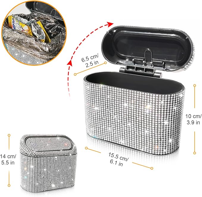 Accmor Bling Car Trash Can with 30pcs Garbage Bags, Vehicle Trash Bin with Lid Auto Dustbin Organizer Garbage Storage, Sparkling Crystal Mini Trash Container Holder - Image 2