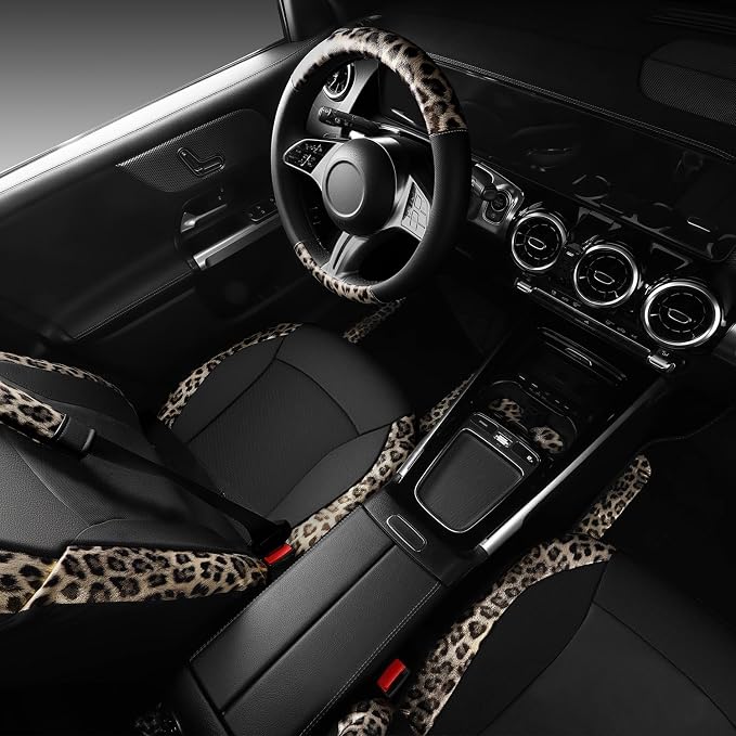 CAR PASS Leopard Print Faux Leather Car Seat Covers & Leopard Car Mats&Leopard Steering Wheel Cover Seat Belt Universal Car Accessories for SUV,Van,Saden,Truck Automobile Interior Sets(Gold Black) - Image 2