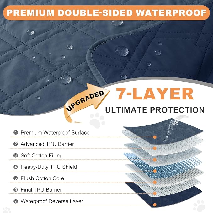 100% Waterproof Bed Cover Dog Blanket,Berlin Blue+Navy Blue 42"x50" | ,7-Layer Reversible Couch Covers for Dogs Met for Sofa Furniture Car Camping - Image 2