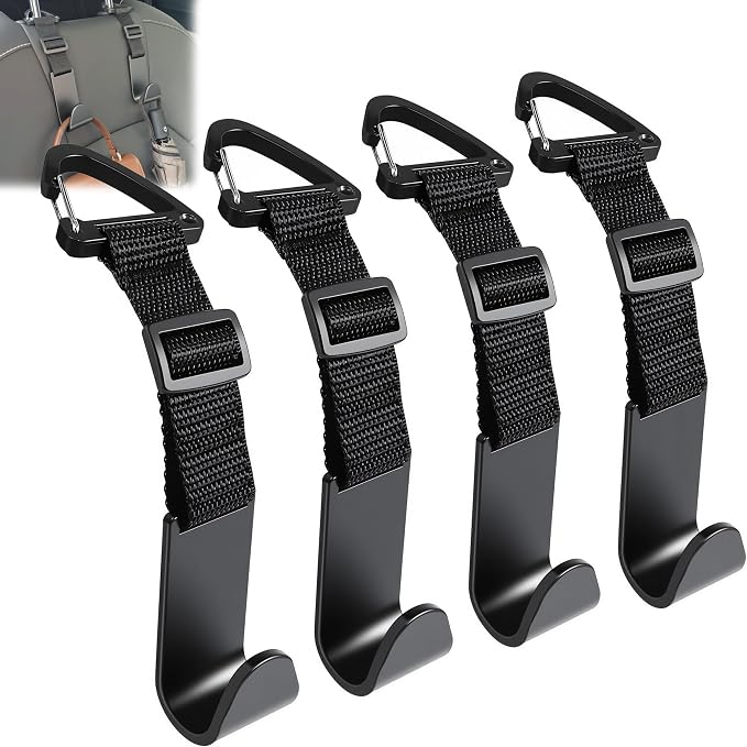 Amooca 4 Pack Anti-drop Headrest Hooks Adjustable Car Seat Organizer | Universal Fit with Clip, Hanger for Backpack Umbrella Water Bottle Coat Purses Handbags Groceries, 40lb Heavy Duty, Black by Amooca