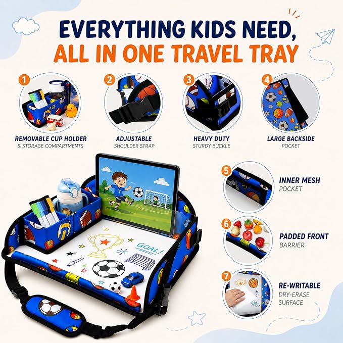 Kids Travel Tray for Car Seat, Toddler Car Seat Activity Tray, Kids Carseat Lap Table, Road Trip Essentials for Airplane, Lap Desk for Kid Roadtrip Activities, Sports Balls - Image 5