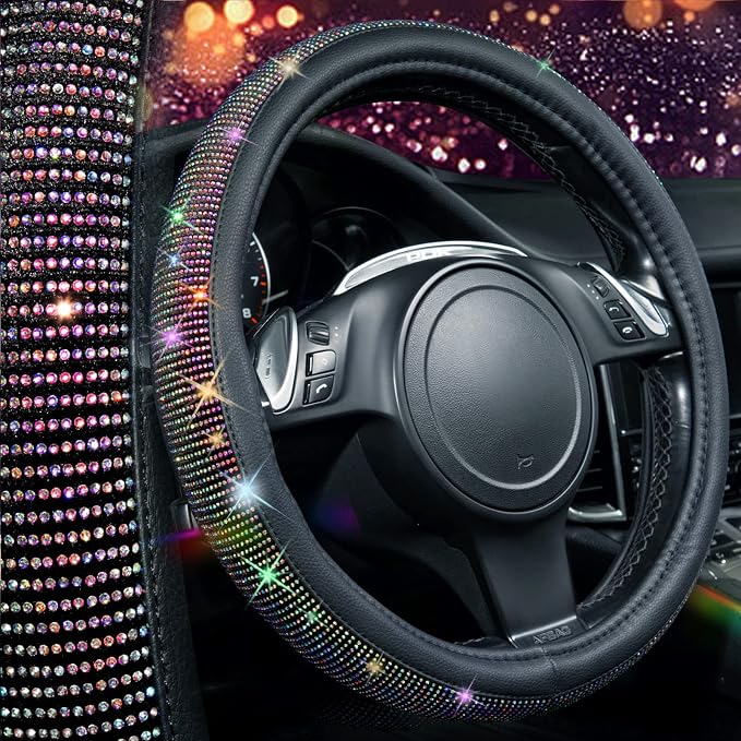 CAR PASS Diamond Leather Steering Wheel Cover, with Bling Crystal Rhinestones Fit Suvs,Vans,Sedans,Cars,Trucks Universal Fit 14.5-15inch Crystal Glitter for Women Sparkle Girl, Multicolor Diamond - Image 5
