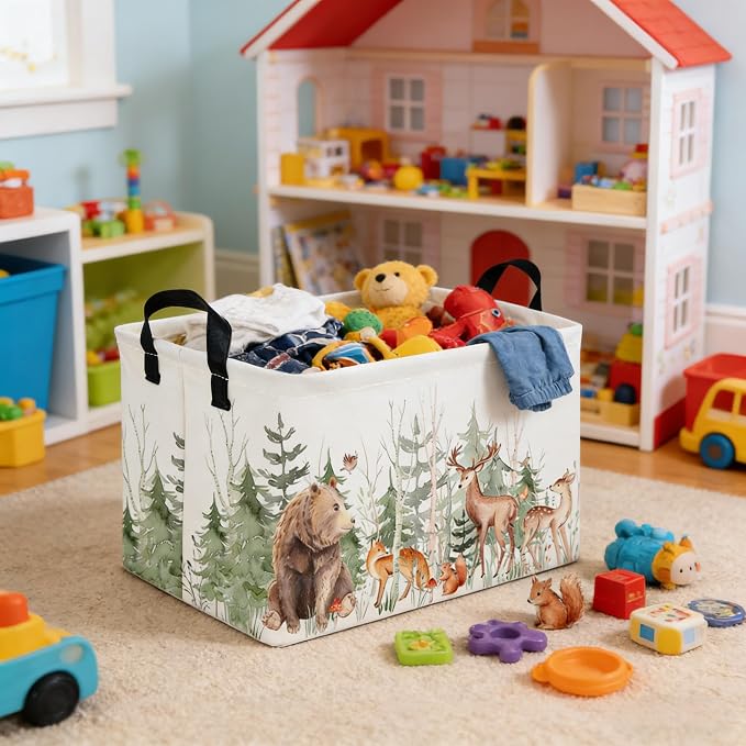 Rectangular Storage Basket,Kids Basket Animal Baskets Cute Storage Bins,Waterproof Collapsible Clothes Kids Storage Basket,Gift Basket,Animals Room Decor(Woodland Animal) - Image 2