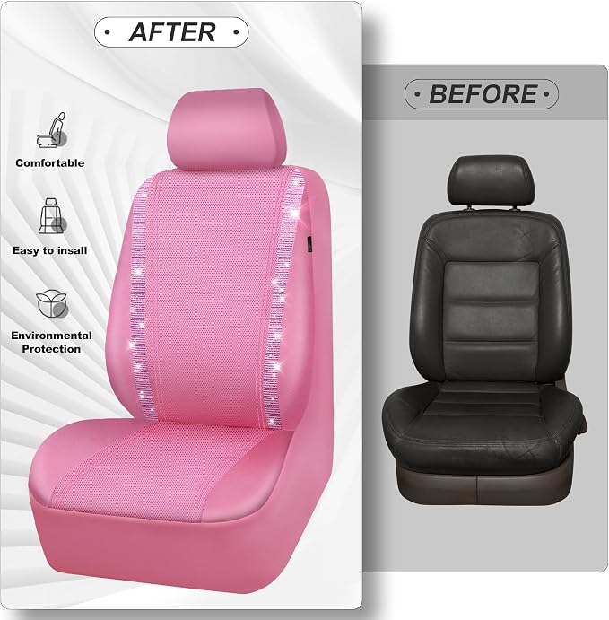 CAR PASS Bling Diamond Car Seat Covers, Shining Rhinestone Waterproof Faux Leather Pink Car Accessories Two Front Only Universal Fit Auto Glitter Crystal Sparkle Strips for Cute Women Girl, Pink - Image 6