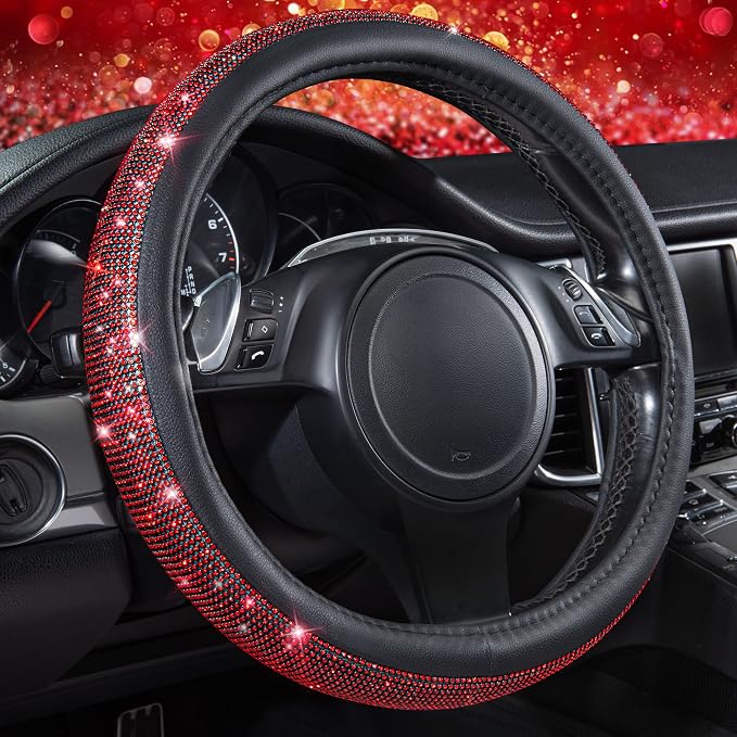 CAR PASS Red Diamond Black Leather Steering Wheel Cover, with Bling Crystal Rhinestones Universal Fit 14" 1/2-15" Crystal Glitter for Women Sparkle Girl Fit Suvs,Vans,Sedans,Cars,Trucks, Red Diamond by CARPASS