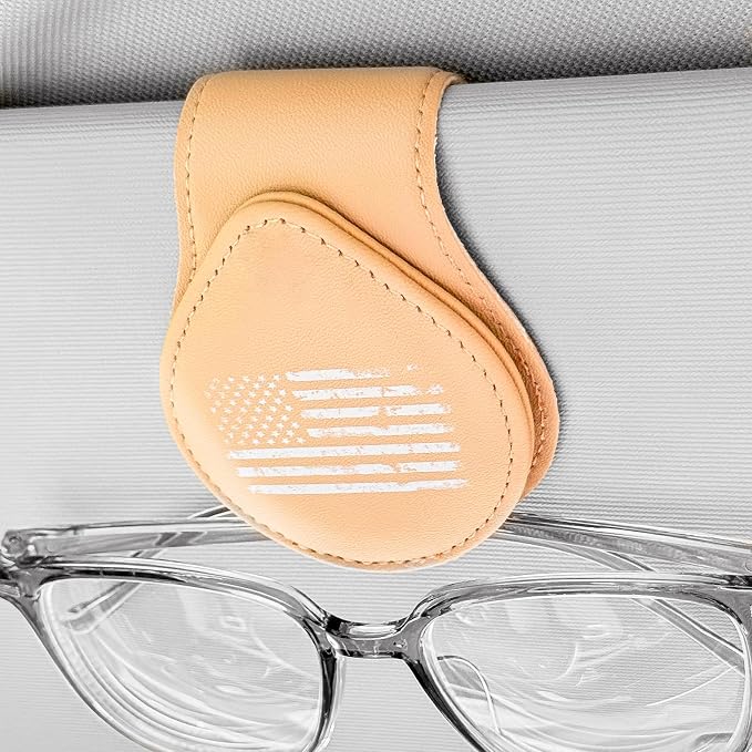 American Flag - Car Sunglass Holder, Magnetic Leather Eyeglass Hanger Mount Clip Holder for Car Visor Accessories (Beige) | Magnetic Leather by Unknown