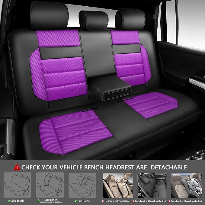 CAR PASS Memory Foam Seat Covers Full Sets, Airy Cool Mesh Thick Car Seat Covers Women, Leather Car Seat Covers 5 Seats Airbag Compatible, Universal Automotive Comfort for Cars, Trucks, SUV, Purple - Image 3