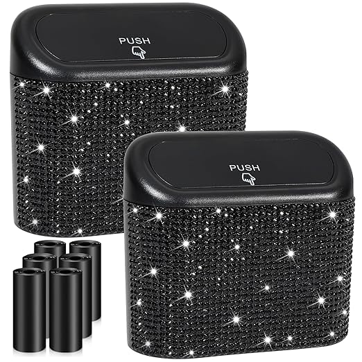 Accmor 2 Pack Bling Car Trash Can with Lid, Small Garbage Can, Auto Garbage Storage Bin with 90pcs Garbage Bags, Sparkling Crystal Trash Bags Holder for Car, Home, Office Storage (Black Rhinestone) by Accmor