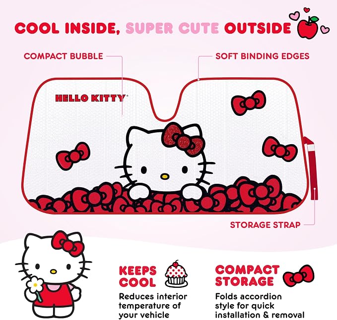 Carbella Hello Kitty Car Windshield Sun Shade, Official Sanrio Sun Shade for Car Window, Cute Sun Shade for Front Windshield, Hello Kitty Accessories for Women ﻿(Red Bow Dreams) - Image 3