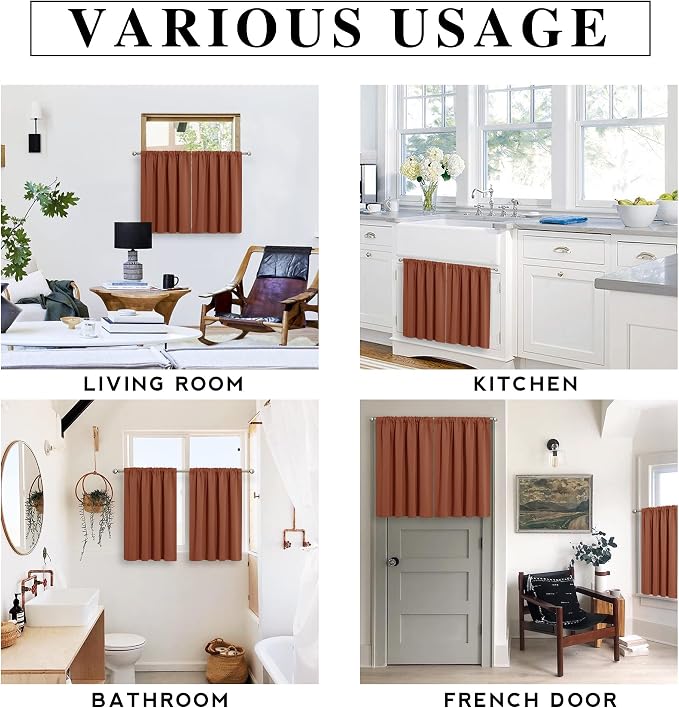 RYB HOME Basement Bathroom Kitchen Cafe Blackout Privacy Window Curtains | Thermal Insulated, Light UV Heat Blocking, Privacy, Short Curtain Tiers for Laundry Room, W34 x L30, Burnt Orange, 2 Panels - Image 6