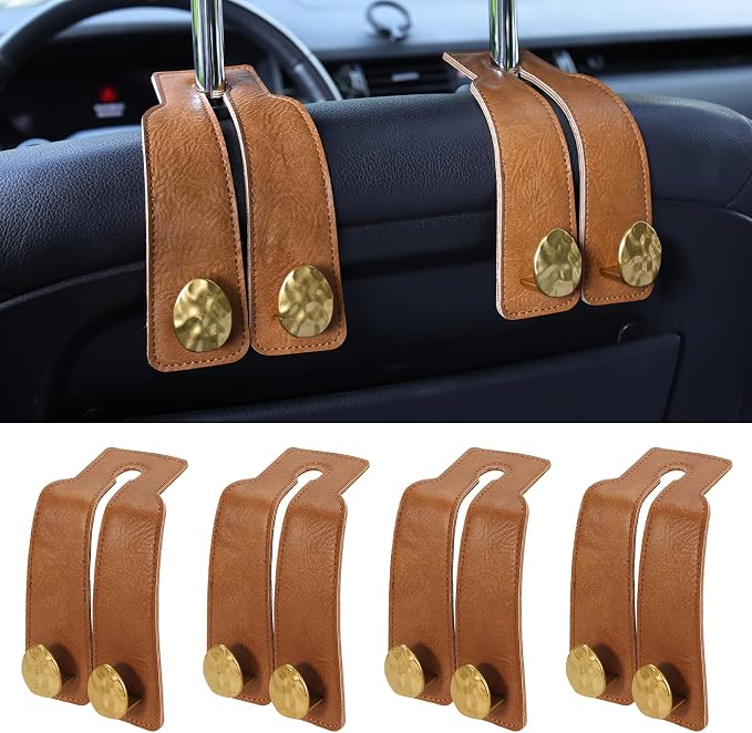 4 PCS Leather Car Seat Hooks for Headrest, Vehicle Hanger Storage Organizer Universal for Handbag Purse, Car Accessories Gift (Brown-Gold-4 PCS) by Fashion