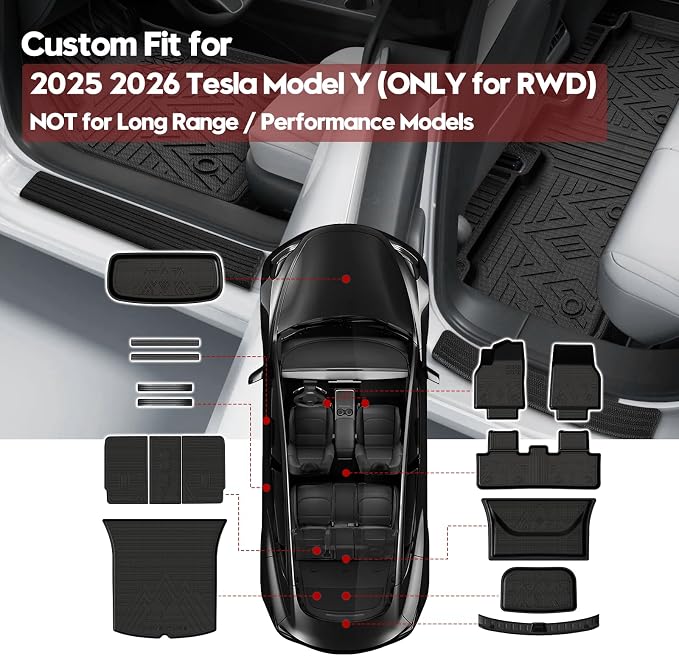 Floor Mats for 2025-2026 Tesla Model Y Juniper RWD 5 Seats, Full Set 15PCS | Custom Fit TPE Floor Liners with Cargo Liner, Seat Back Protectors, Full Trunk Mats, Waterproof, Non-Slip - Image 2