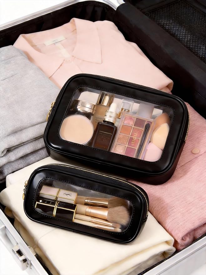 2Pcs Clear Makeup Bags Set, Clear Travel Makeup Brush Holder Leather Makeup Case Toiletry Bag with Zipper Portable Cosmetic Pouch Waterproof Makeup Brush Storage Bag Car Bag for Essentials - Image 7