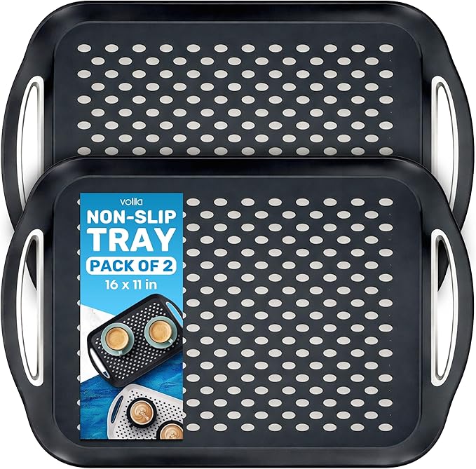 Food Trays for Eating on Couch - 2 Pack - Non Slip Dinner Trays for Eating Set of 2 Non Slip Serving Tray and Food Tray with Handles (Black) by volila