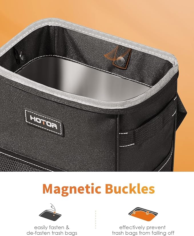 HOTOR Car Trash Can, Compact Waterproof Organizer, Leak-Proof Bin, 2-Gallon | Black, Multifunctional Car Accessory with Adjustable Straps & Magnetic Snaps for Interior Car Storage - Image 2