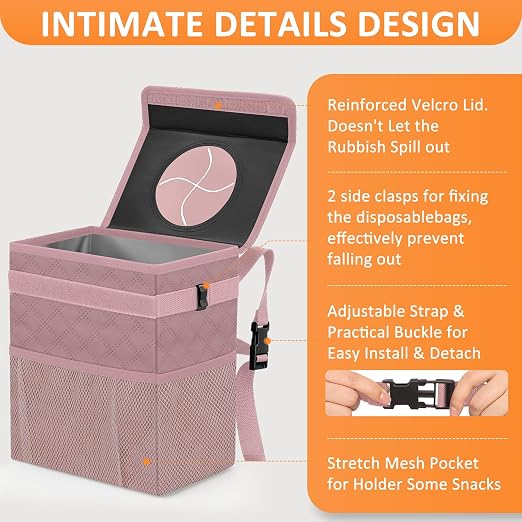 Vankor Car Trash Can with Lid Leak Proof Car Accessories for Women | 2.2 Gallon Cute Hanging Car Trash Bin for Men Car Truck Vehicle Sedan Interior Automotive Garbage Cans, Pink Quilted - Image 4