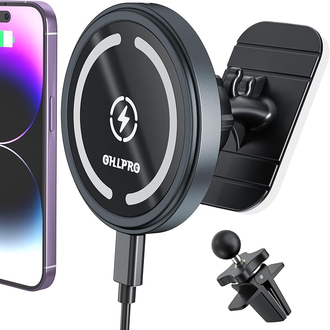 OHLPRO for MagSafe Car Mount Charger iPhone Wireless Car Charger, Stick on Dashboard Magnetic Phone Holder Mount for iPhone 17 Pro Max 16 15 14 Series, 15W Fast Charging, Aluminum Shell by OHLPRO