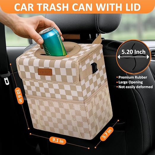 Vankor Car Trash Can with Lid Leak Proof Car Accessories for Women | 2.2 Gallon Cute Hanging Car Trash Bin for Men Car Truck Vehicle Interior Automotive Garbage Cans, Khaki Checkered - Image 2