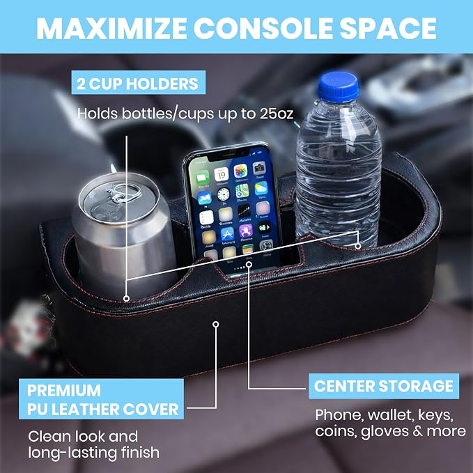 Car Cup Holder, Car Seat Gap Filler Organizer, PU Leather, Black - Image 3