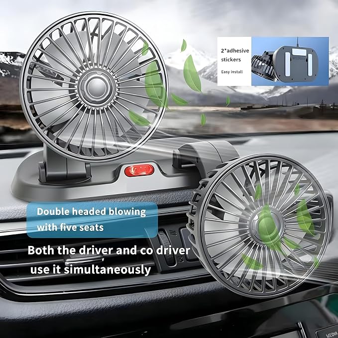 5V Dual Head Car Fan, Portable Vehicle Cooling Fan with 2 Speeds, 360° Rotatable Adjustable Dashboard Air Circulator for SUV, RV, Truck, Sedan, Cruise, Cigarette Lighter Powered USB Fan - Image 4