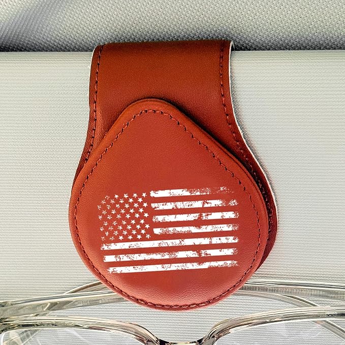 American Flag - Car Sunglass Holder, Magnetic Leather Eyeglass Hanger Mount Clip Holder for Car Visor Accessories (Brown) | Magnetic Leather - Image 6