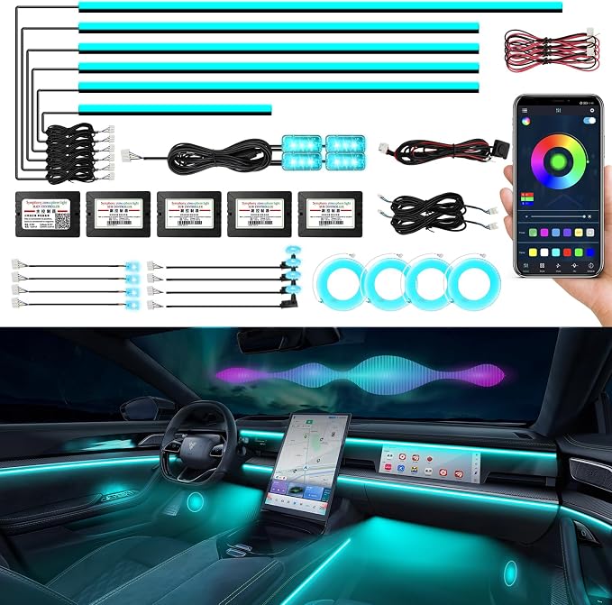 Acrylic Interior Car Lights, AMKI Car LED Strip Light with APP Sub Control, Car Accessories Fiber Optic Car Ambient Lighting Kit with RGB 22 in 1 and 175 inches 593 LEDs 213 DIY and Music Modes DV 12V by AMKI