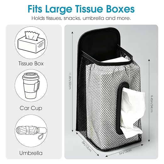 Ryhpez Car Trash Can with Tissue Holder Detachable, Leakproof, Black | Car Garbage Can with Removable Car Napkin Holder, Car Trash Bin with Lid for Headrest, Console, Truck, SUV Car Accessories - Image 2