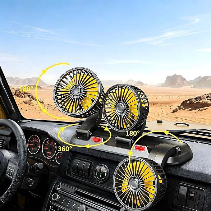 12V Car Cooling Fan with Cigarette Lighter Plug, 3-Head Portable Fan, 2-Speed Adjustable, 360° Rotating, Powerful Airflow for Vehicle Truck SUV RV Auto - Image 3