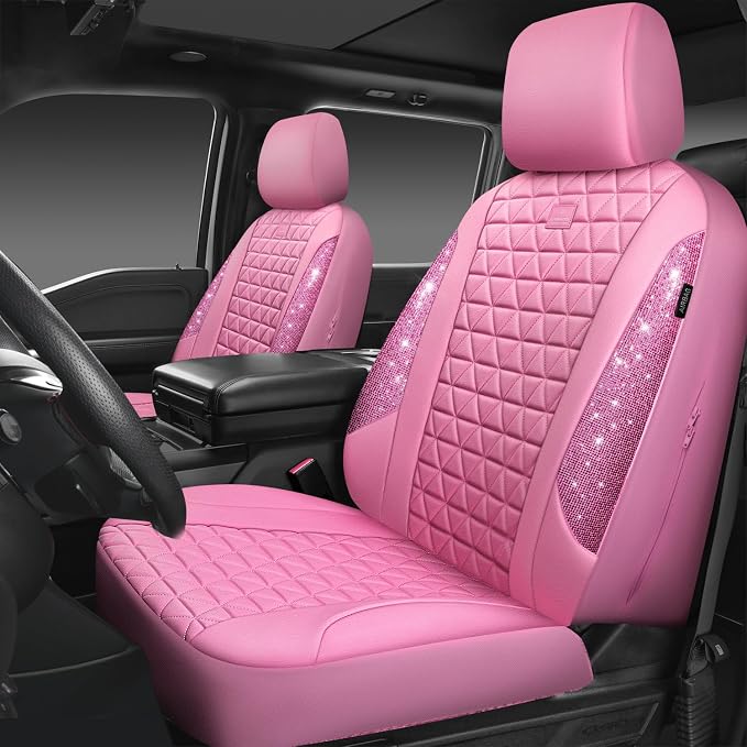 CAR PASS Bling Diamond Pink Leather Car Seat Covers Full Sets Interior Sets, Waterproof Shining Glitter Sparkly Crystal Universal Armrest Fit for Automotive Truck SUV Cute Women Girl, Pink Rhinestone - Image 9