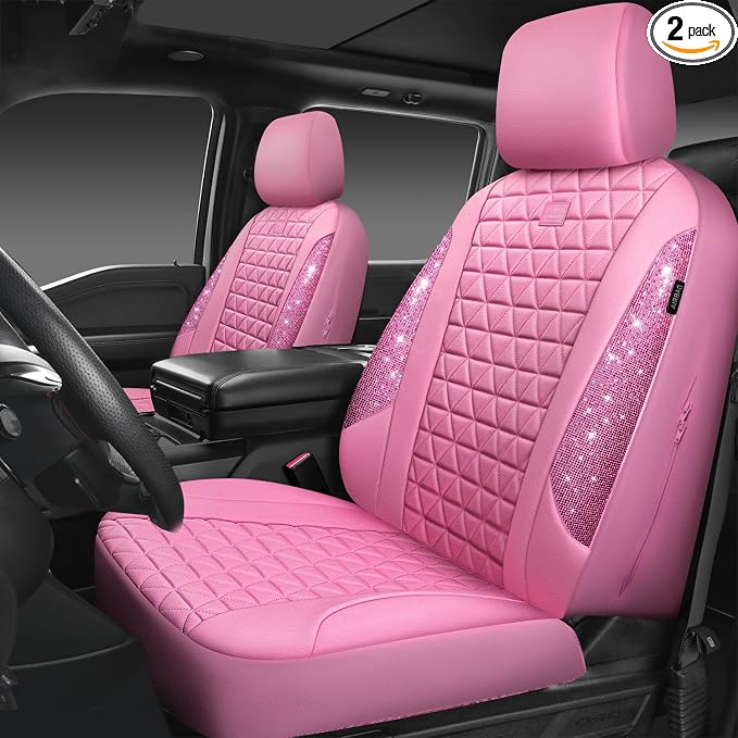 CAR PASS Bling Diamond Pink Leather Car Seat Covers for 2 Front Seats Protector, Waterproof Shining Glitter Sparkly Crystal Universal Armrest Fit Automotive Truck SUV Cute Women Girl, Pink Rhinestone by CARPASS